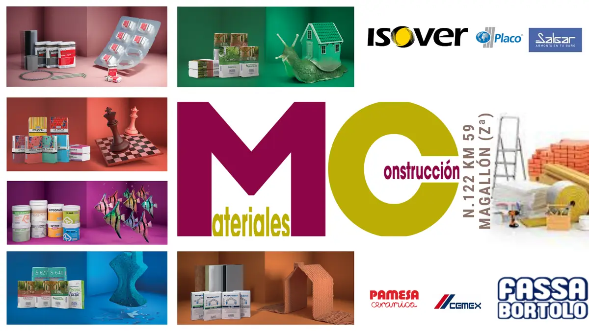Cartel de MC Materiales de construcción, N-122 km 59, Magallón, con las marcas Isover, Placo, Salgar, Pamesa, Cemex y Fassa Bortolo