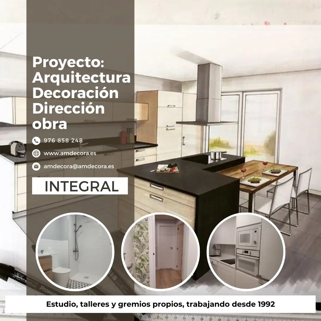 Cartel «Proyecto: arquitectura, decoración, dirección de obra», con un boceto de cocina; al pie, «Estudio, talleres y gremios propios, trabajando desde 1992»