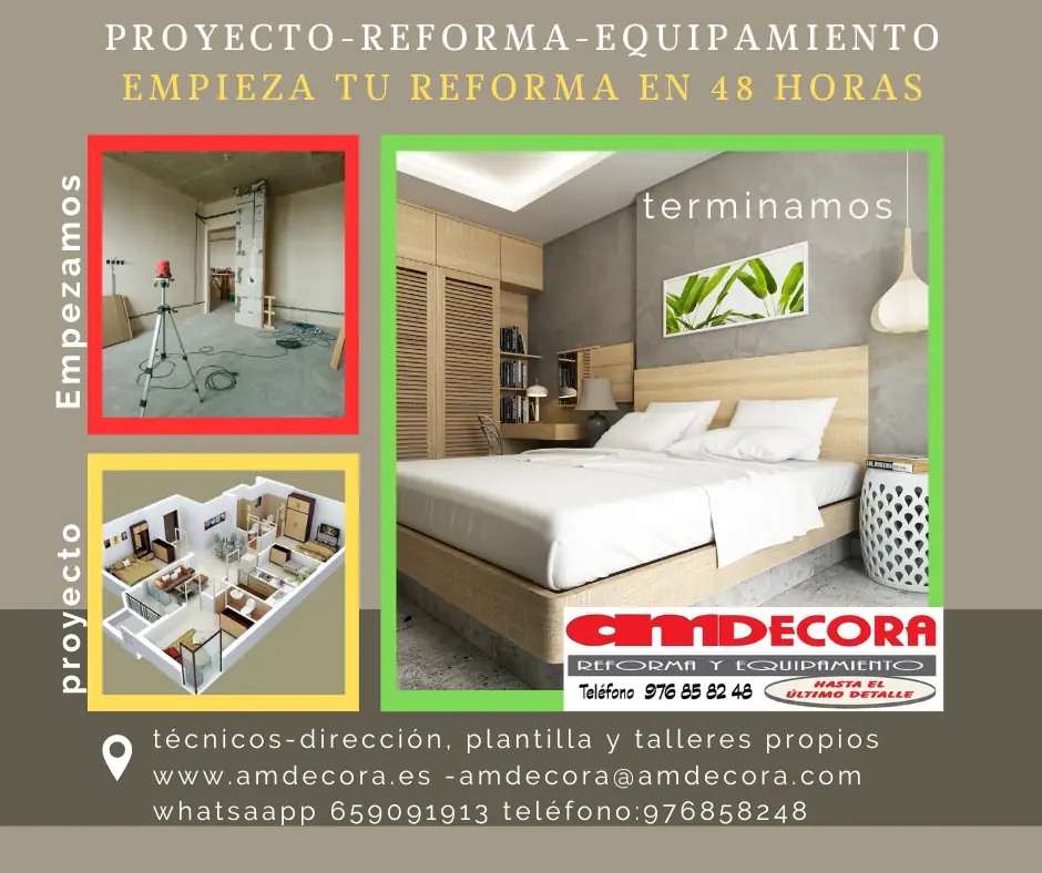 Cartel «Proyecto, reforma, equipamiento: empieza tu reforma en 48 horas», con el antes y el después de una habitación